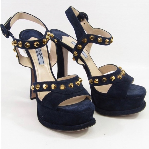New! Prada blue suede cadet gold studded platform - Picture 1 of 2